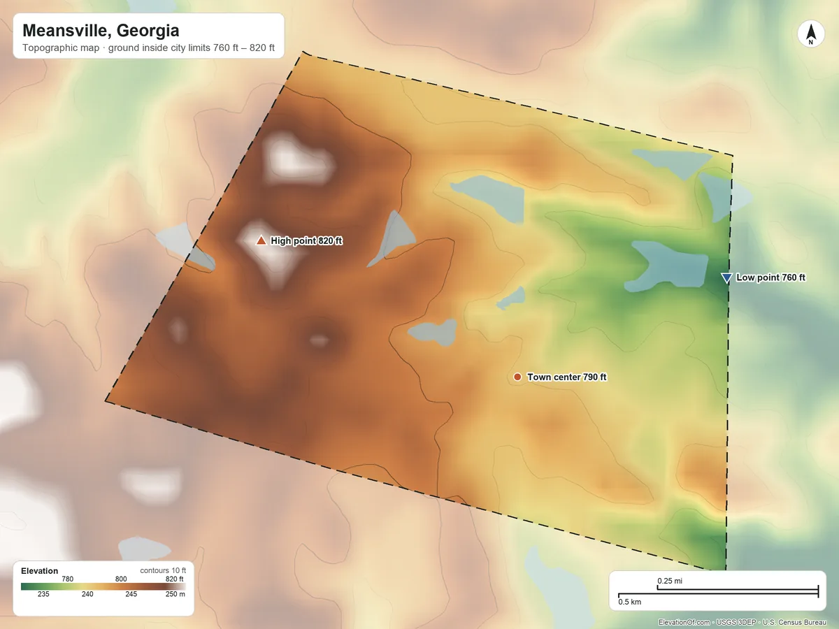 Topographic elevation map of Meansville, Georgia, shaded from 760 ft on the northeast side to 820 ft on the northwest side