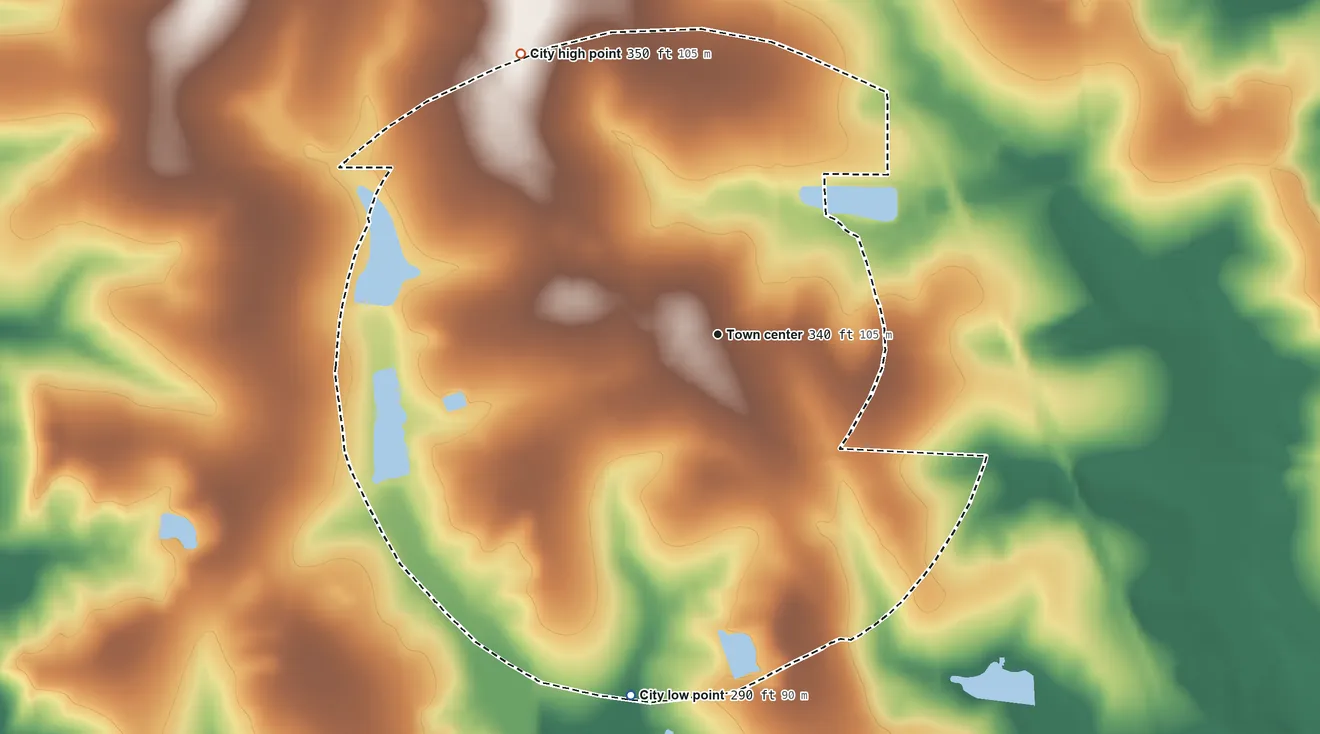 Topographic elevation map of Meigs, Georgia, shaded from 290 ft on the south side to 350 ft on the northwest side