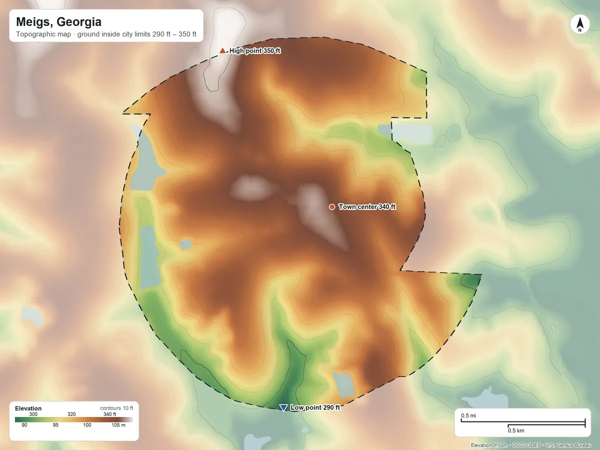 Topographic elevation map of Meigs, Georgia, shaded from 290 ft on the south side to 350 ft on the northwest side