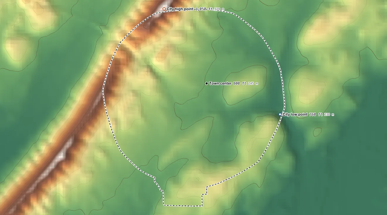 Topographic elevation map of Menlo, Georgia, shaded from 760 ft on the southeast side to 1,050 ft on the northwest edge, below higher ground just outside