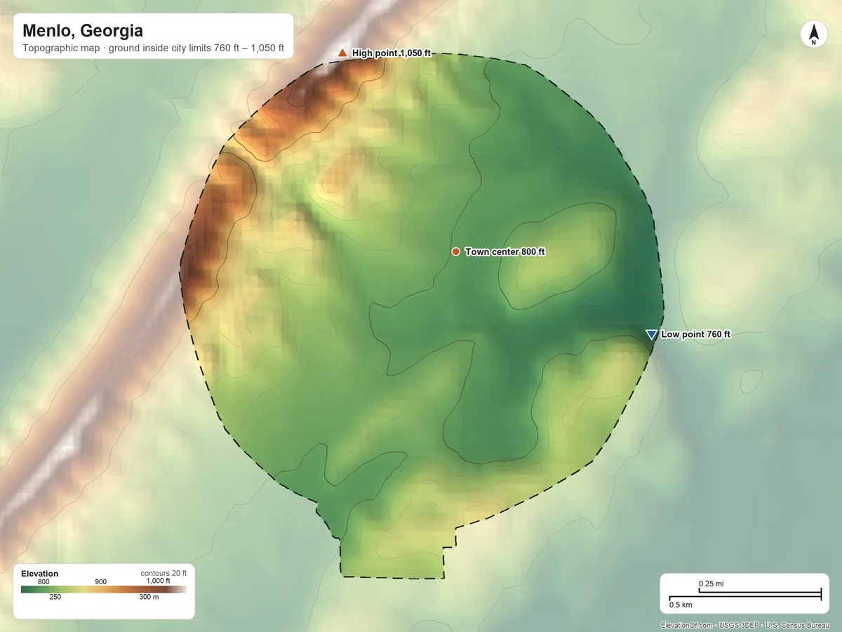 Topographic elevation map of Menlo, Georgia, shaded from 760 ft on the southeast side to 1,050 ft on the northwest edge, below higher ground just outside