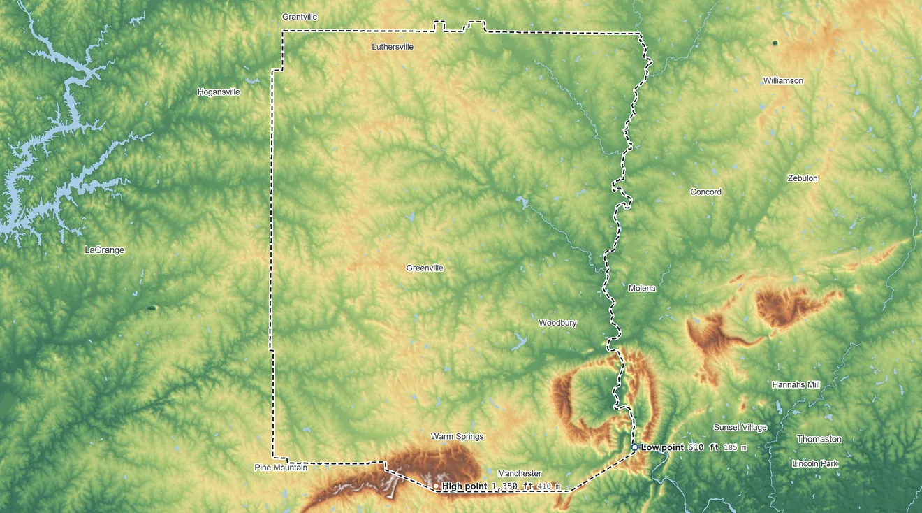 Topographic elevation map of Meriwether County, Georgia, shaded from 610 ft on the southeast side to 1,350 ft on the south side