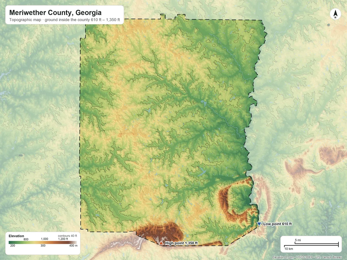 Topographic elevation map of Meriwether County, Georgia, shaded from 610 ft on the southeast side to 1,350 ft on the south side
