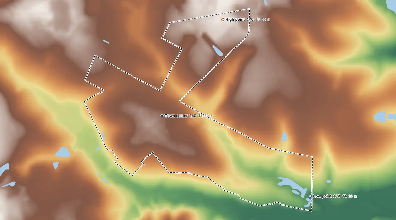 Topographic elevation map of Mershon, Georgia, shaded from 120 ft on the southeast side to 170 ft on the northeast side