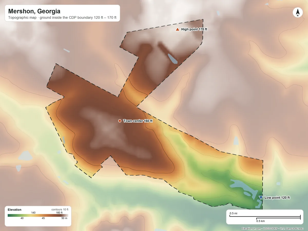 Topographic elevation map of Mershon, Georgia, shaded from 120 ft on the southeast side to 170 ft on the northeast side