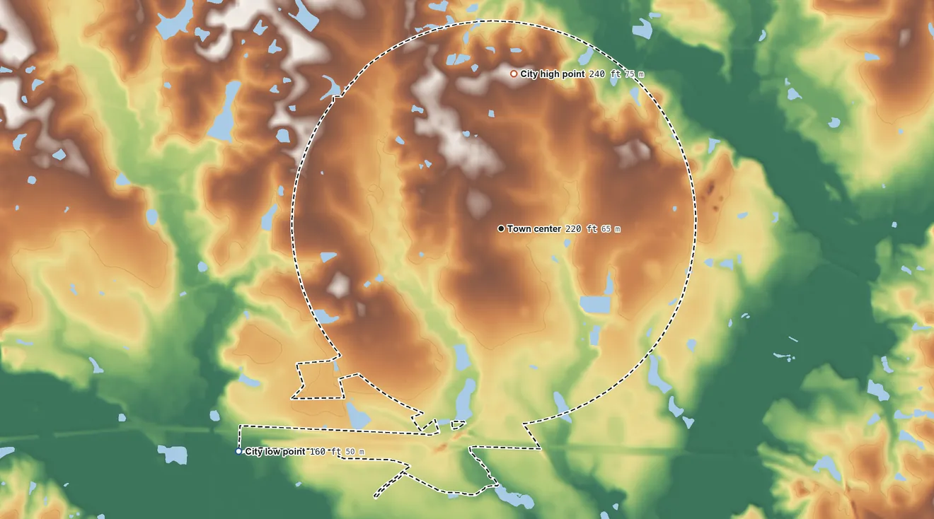 Topographic elevation map of Metter, Georgia, shaded from 160 ft on the southwest side to 240 ft on the north side