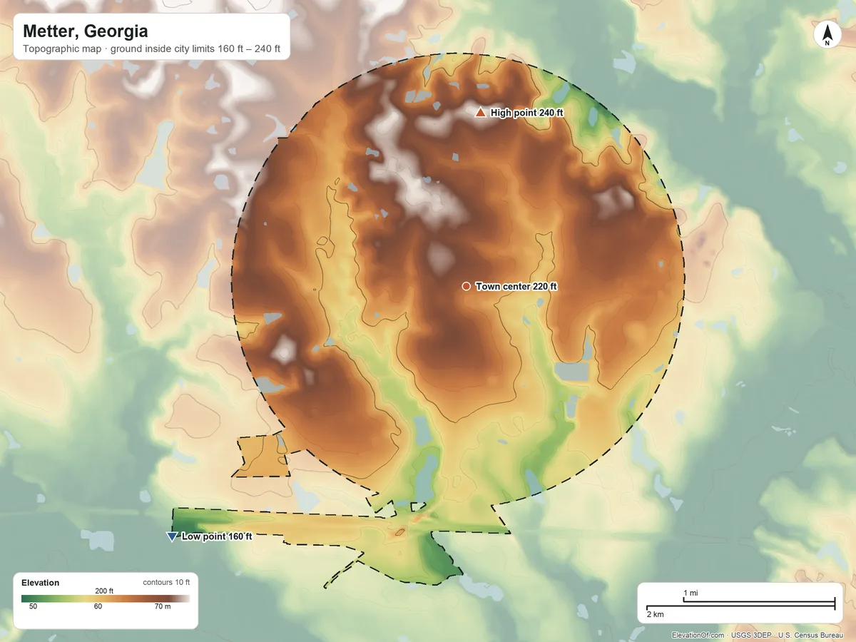 Topographic elevation map of Metter, Georgia, shaded from 160 ft on the southwest side to 240 ft on the north side