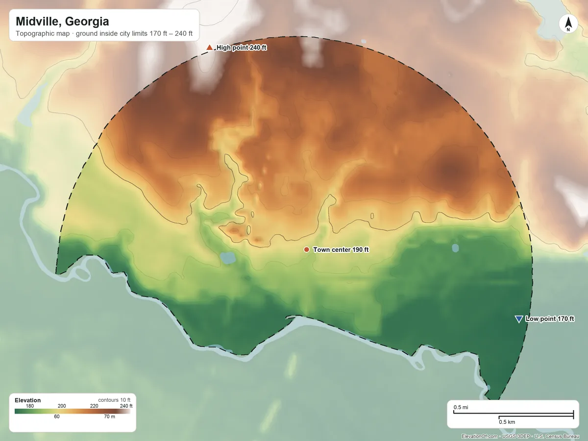 Topographic elevation map of Midville, Georgia, shaded from 170 ft on the east side to 240 ft on the northwest side