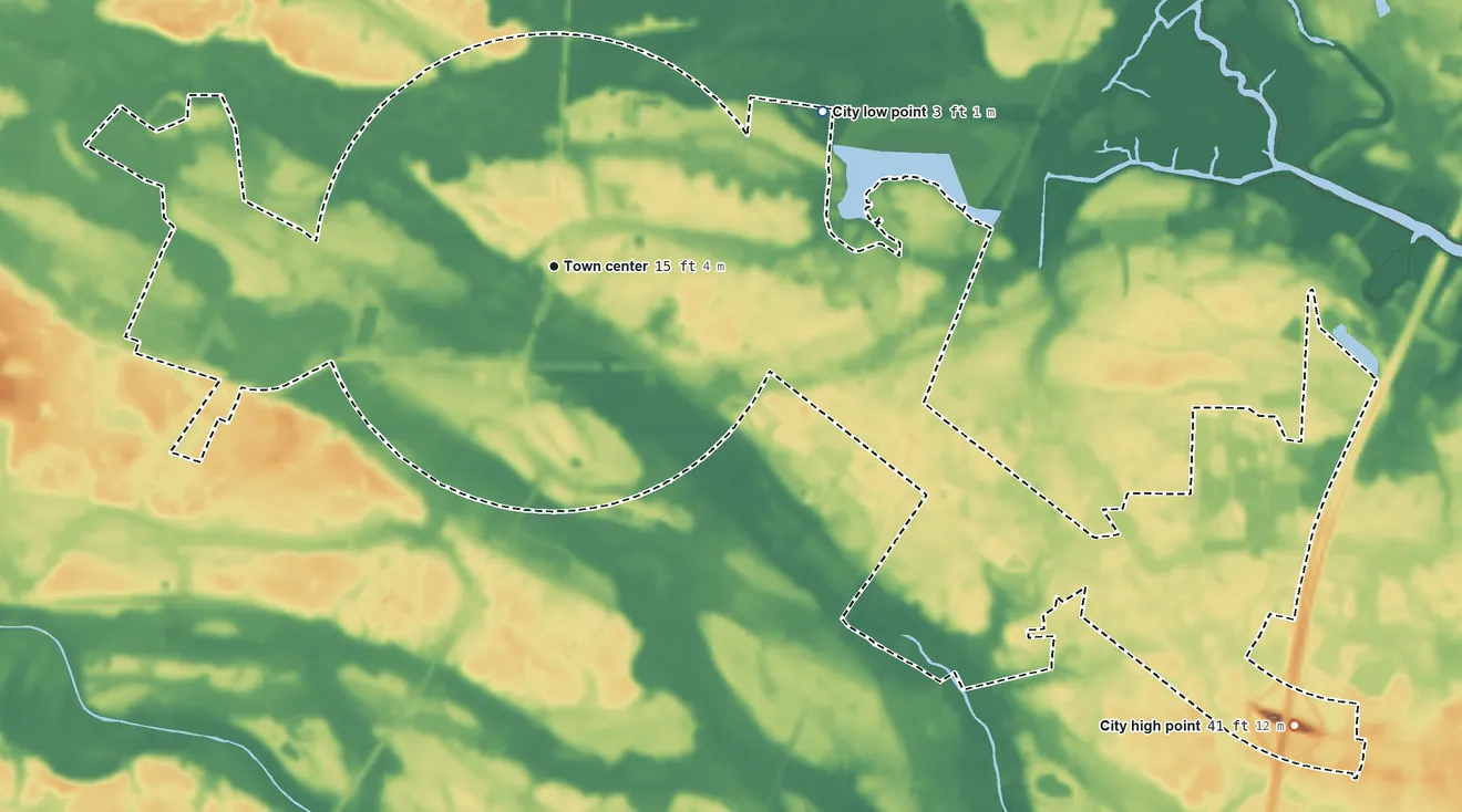 Topographic elevation map of Midway, Georgia, shaded from 3 ft on the northeast side to 41 ft on the southeast side
