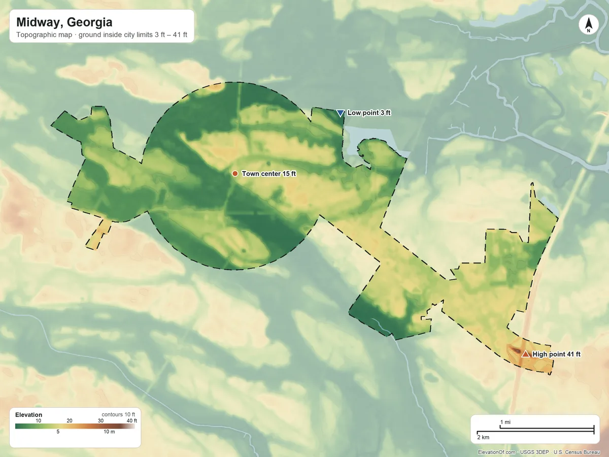 Topographic elevation map of Midway, Georgia, shaded from 3 ft on the northeast side to 41 ft on the southeast side