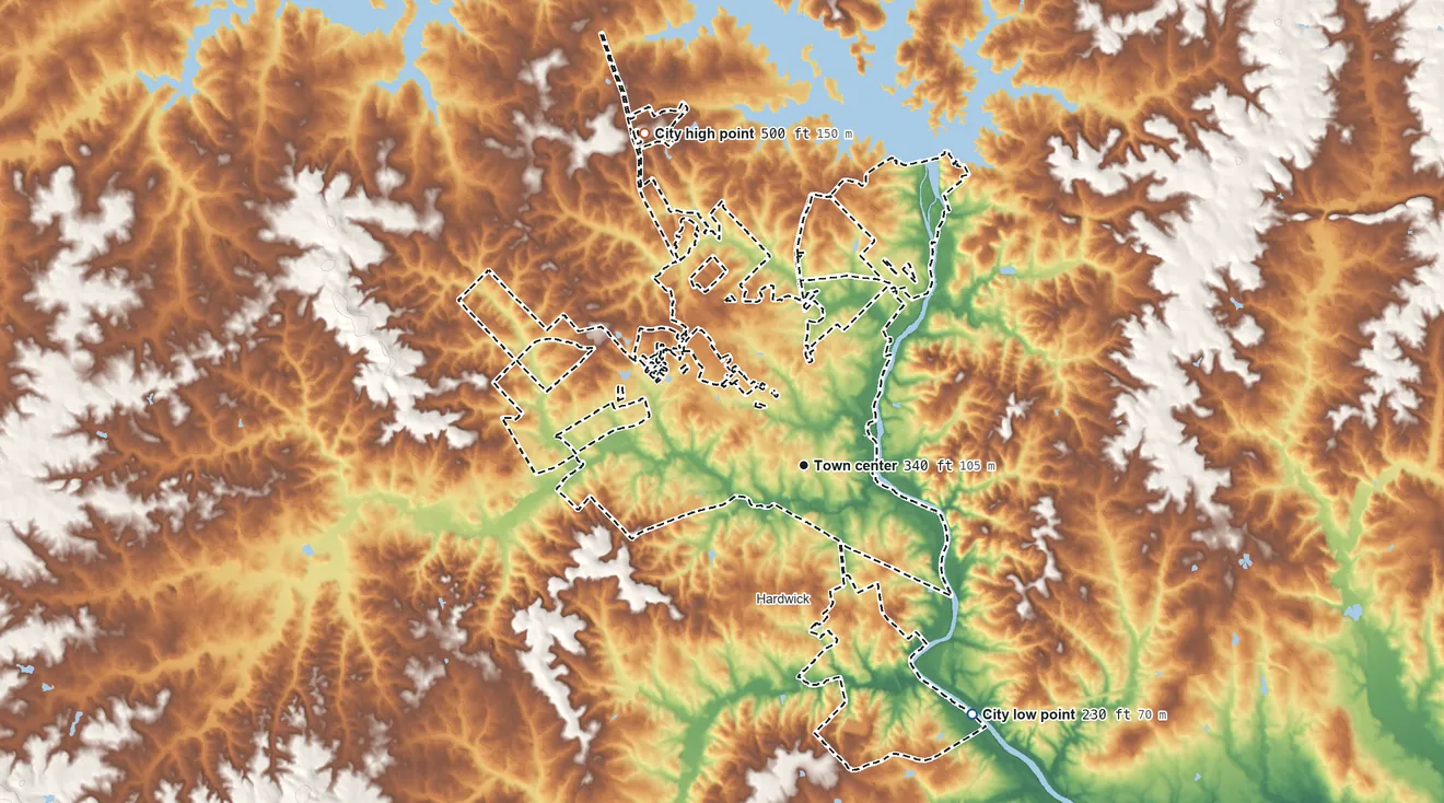 Topographic elevation map of Milledgeville, Georgia, shaded from 230 ft on the southeast side to 500 ft on the northwest side