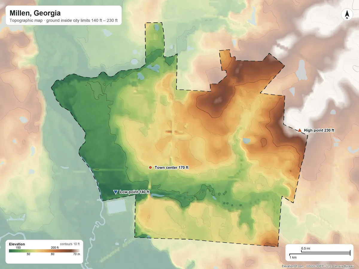 Topographic elevation map of Millen, Georgia, shaded from 140 ft on the southwest side to 230 ft on the east side