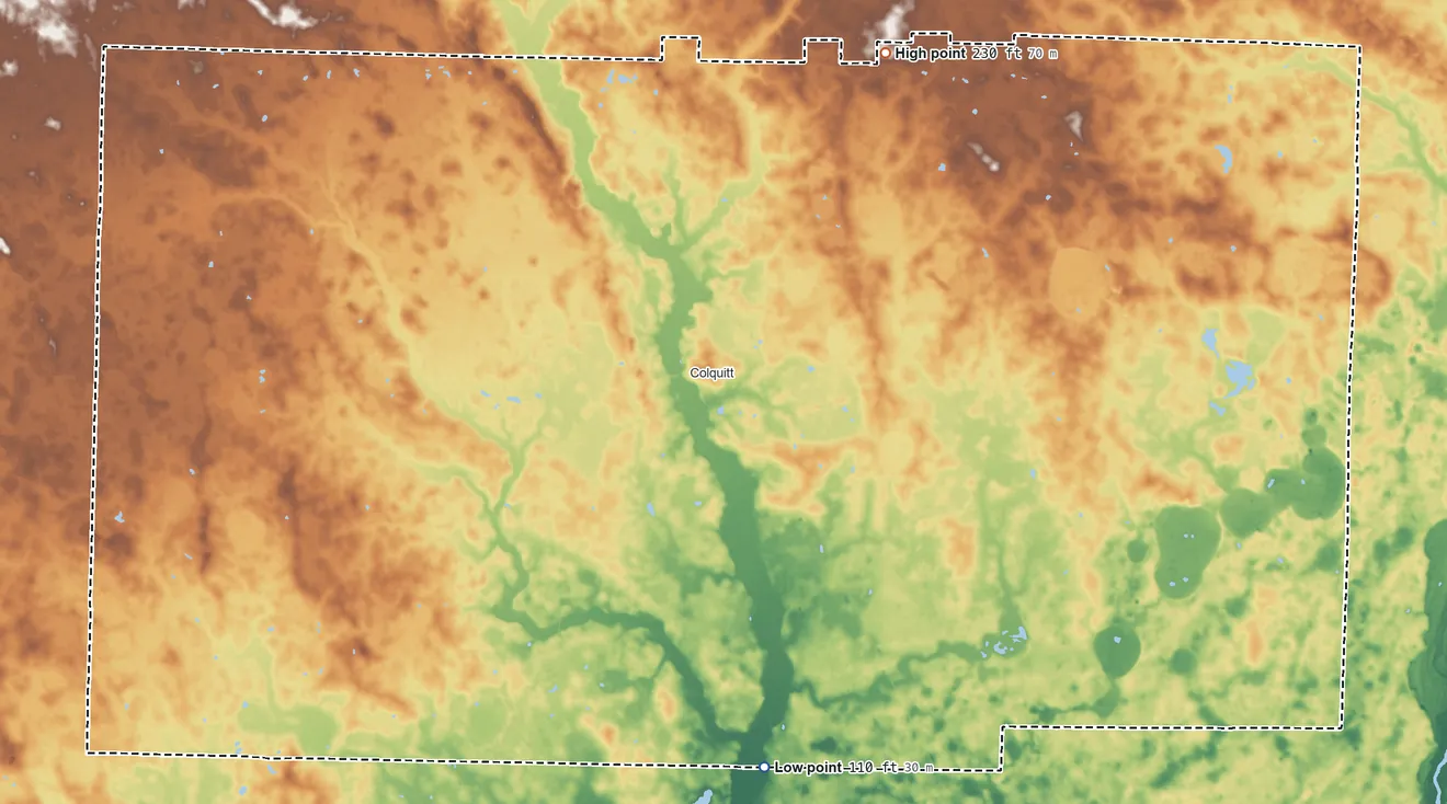 Topographic elevation map of Miller County, Georgia, shaded from 110 ft on the south side to 230 ft on the northeast side