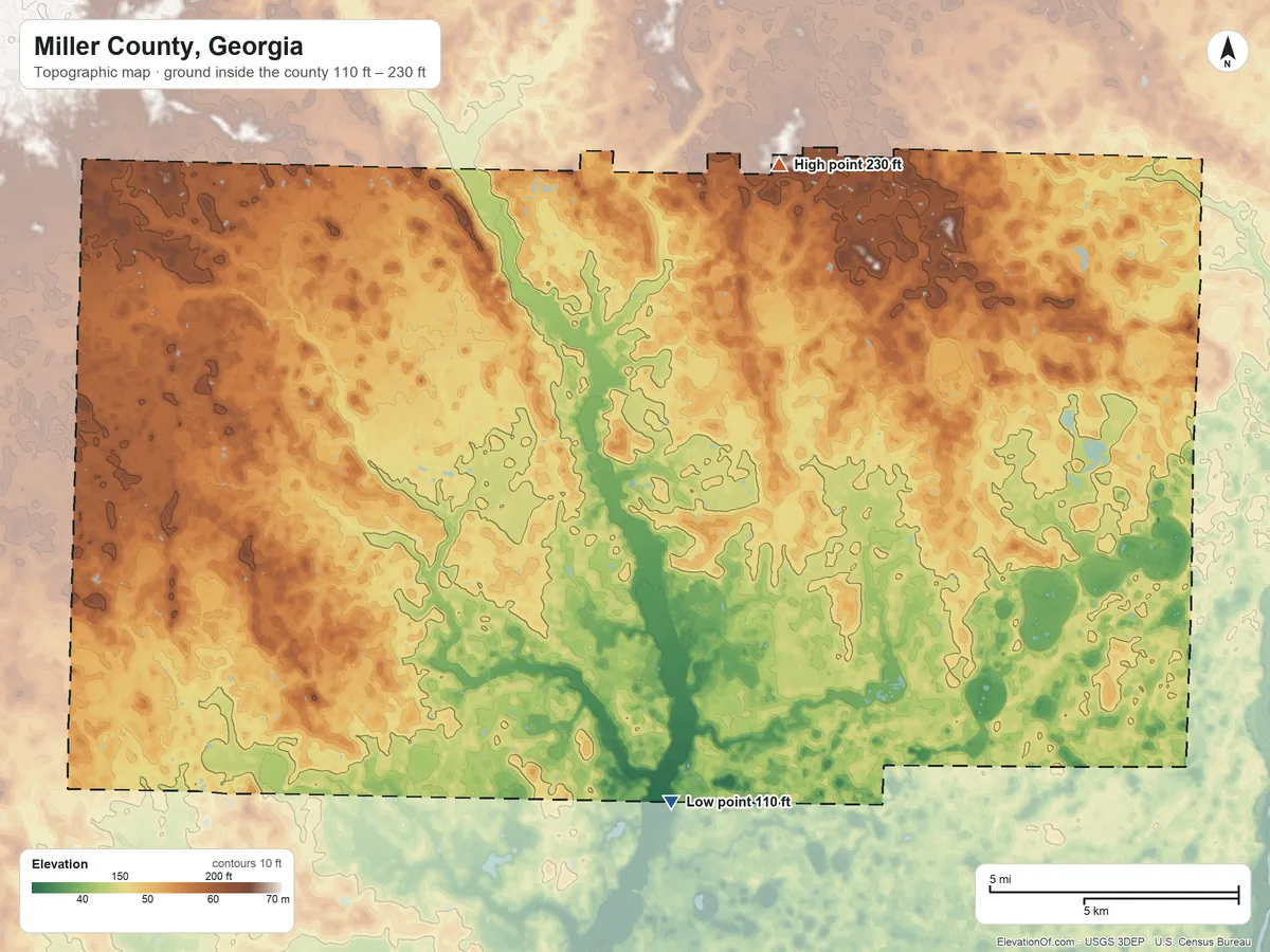 Topographic elevation map of Miller County, Georgia, shaded from 110 ft on the south side to 230 ft on the northeast side