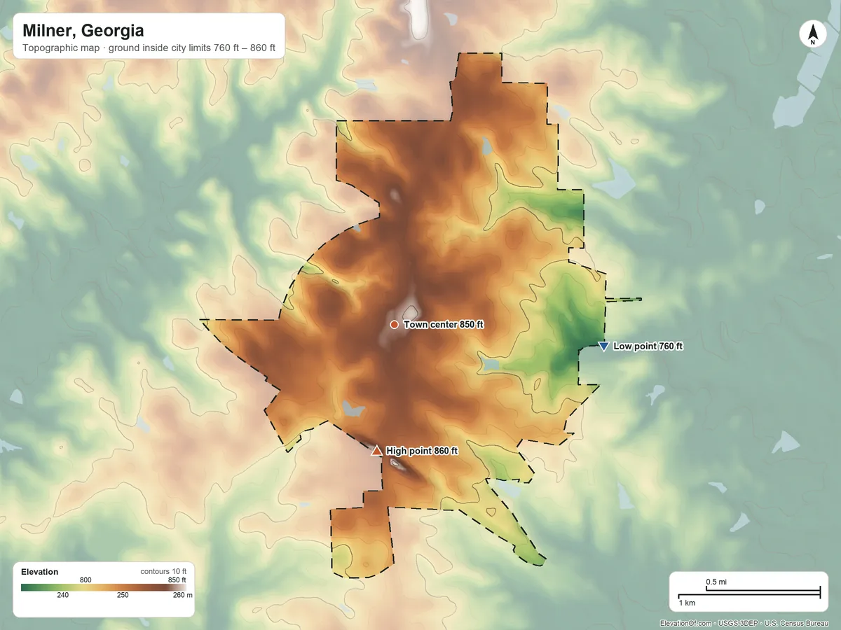 Topographic elevation map of Milner, Georgia, shaded from 760 ft on the east side to 860 ft on the south side