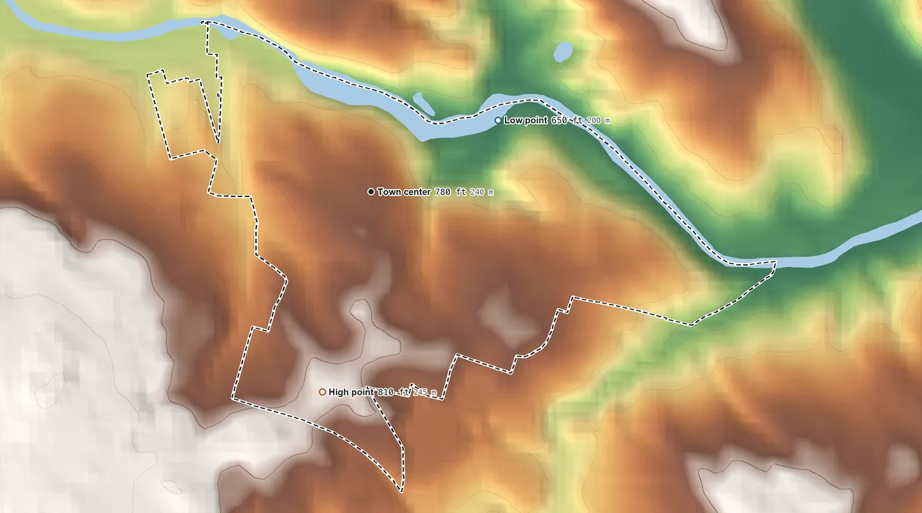 Topographic elevation map of Milstead, Georgia, shaded from 650 ft on the northeast side to 810 ft on the south side