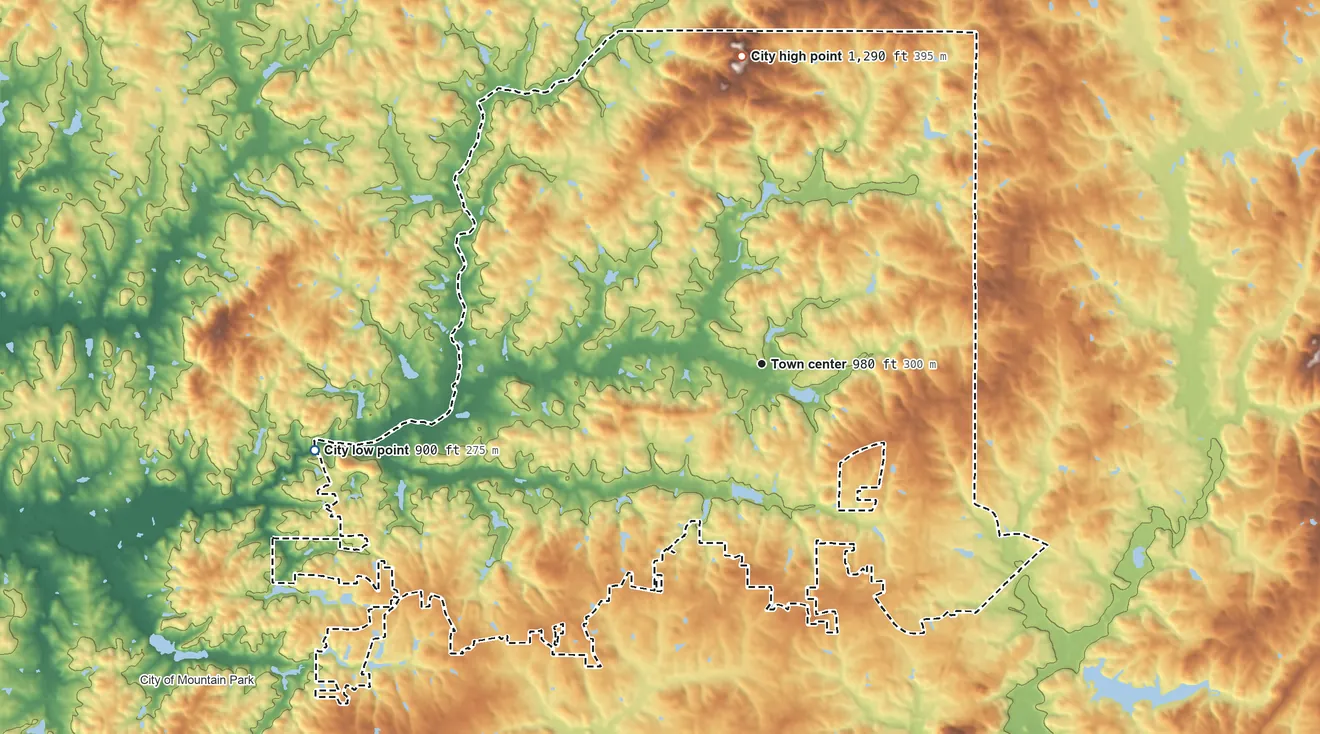 Topographic elevation map of Milton, Georgia, shaded from 900 ft on the west side to 1,290 ft on the north side