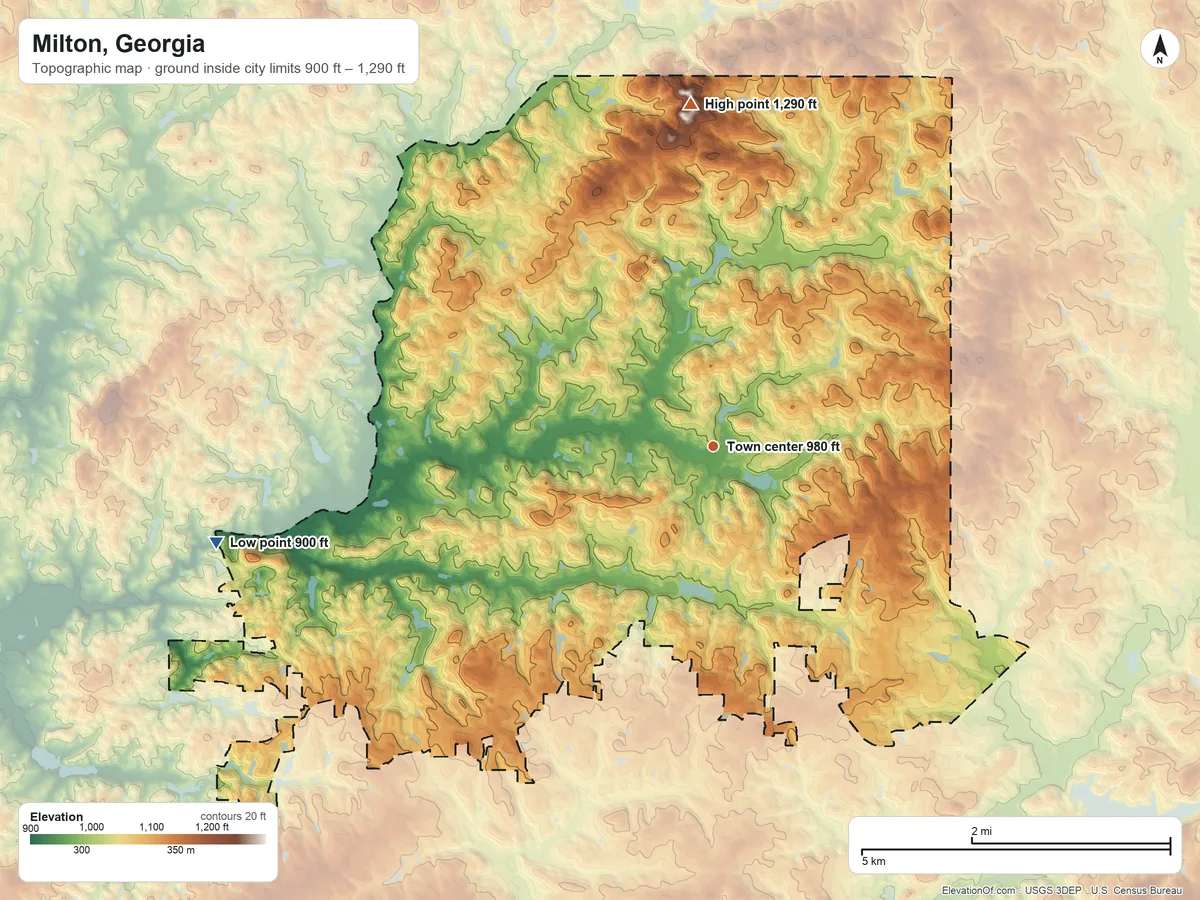 Topographic elevation map of Milton, Georgia, shaded from 900 ft on the west side to 1,290 ft on the north side