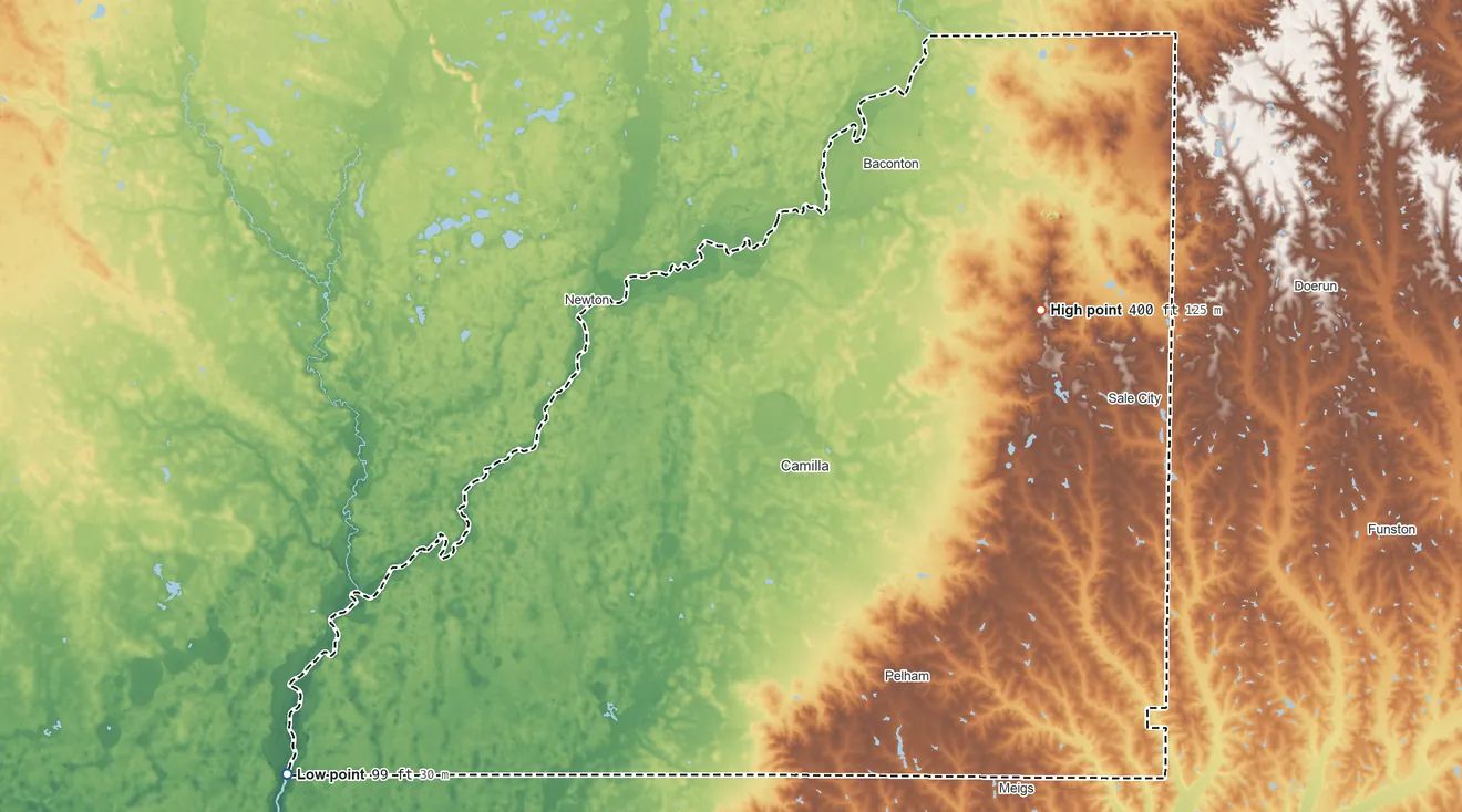 Topographic elevation map of Mitchell County, Georgia, shaded from 99 ft on the southwest side to 400 ft on the east side