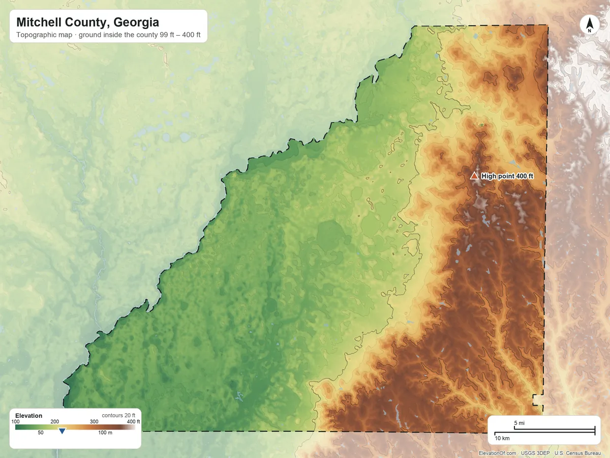 Topographic elevation map of Mitchell County, Georgia, shaded from 99 ft on the southwest side to 400 ft on the east side