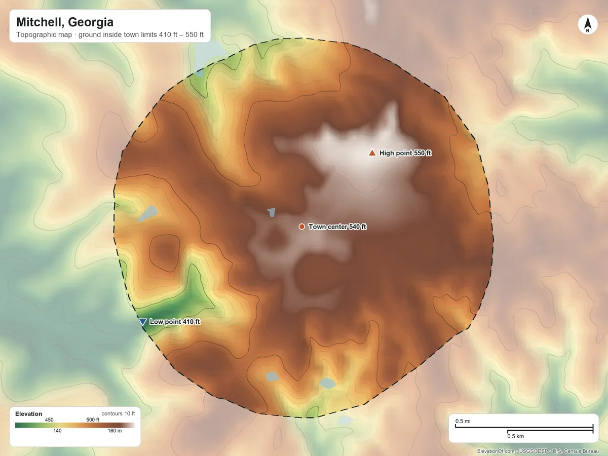 Topographic elevation map of Mitchell, Georgia, shaded from 410 ft on the southwest side to 550 ft on the northeast side