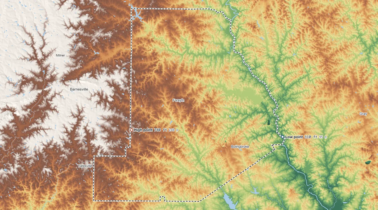Topographic elevation map of Monroe County, Georgia, shaded from 310 ft on the east side to 780 ft on the southwest side