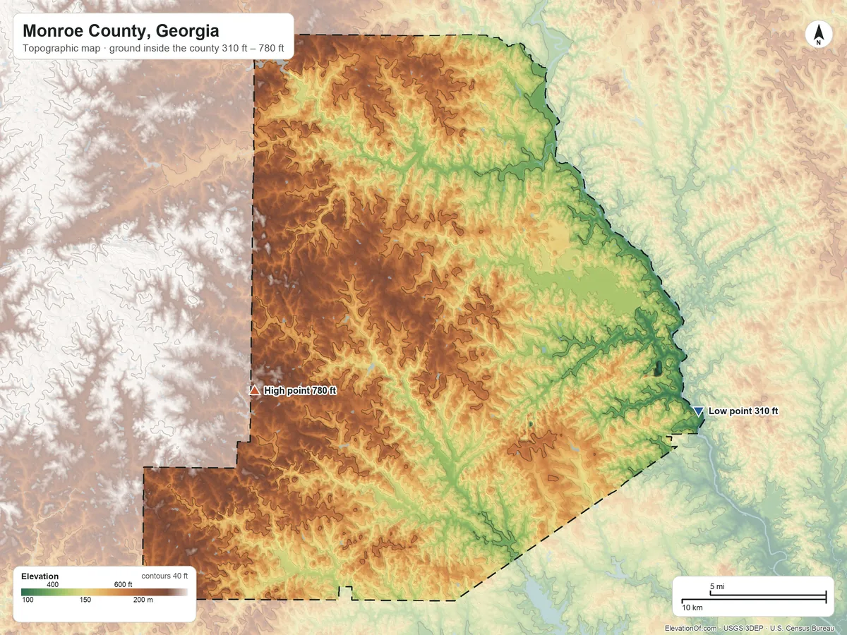 Topographic elevation map of Monroe County, Georgia, shaded from 310 ft on the east side to 780 ft on the southwest side