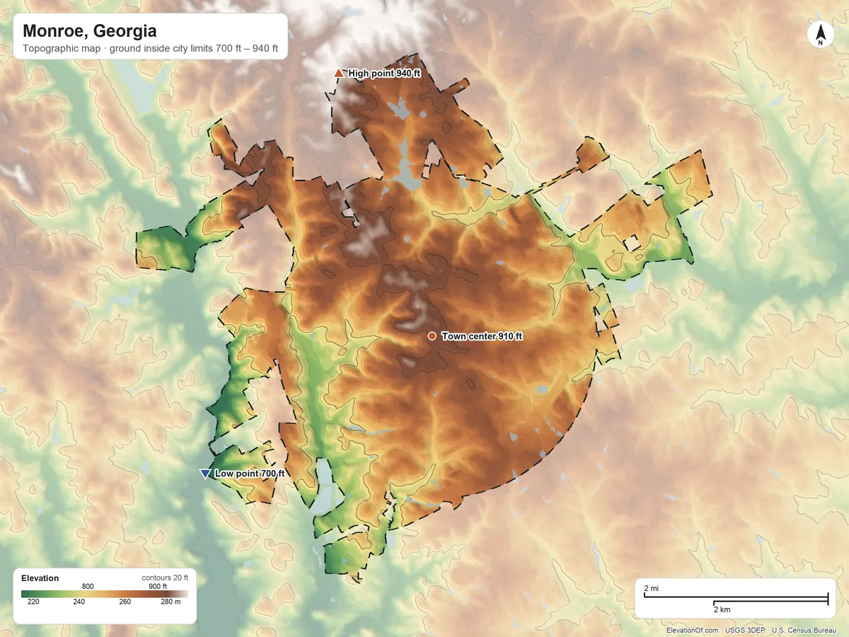 Topographic elevation map of Monroe, Georgia, shaded from 700 ft on the southwest side to 940 ft on the north side