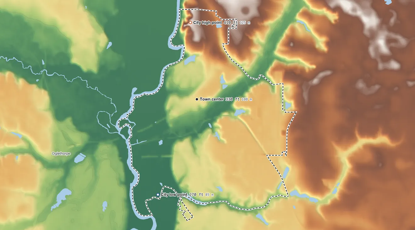 Topographic elevation map of Montezuma, Georgia, shaded from 270 ft on the south side to 410 ft on the north side