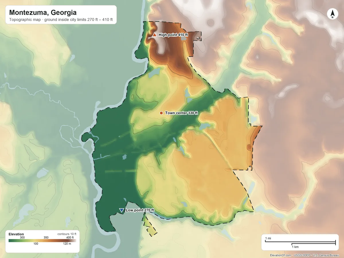 Topographic elevation map of Montezuma, Georgia, shaded from 270 ft on the south side to 410 ft on the north side