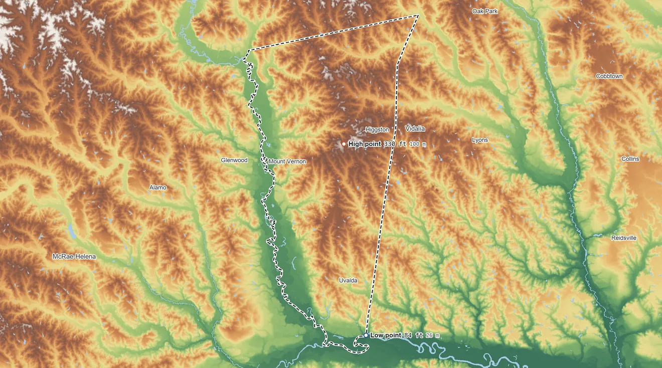 Topographic elevation map of Montgomery County, Georgia, shaded from 84 ft on the south side to 330 ft on the north side