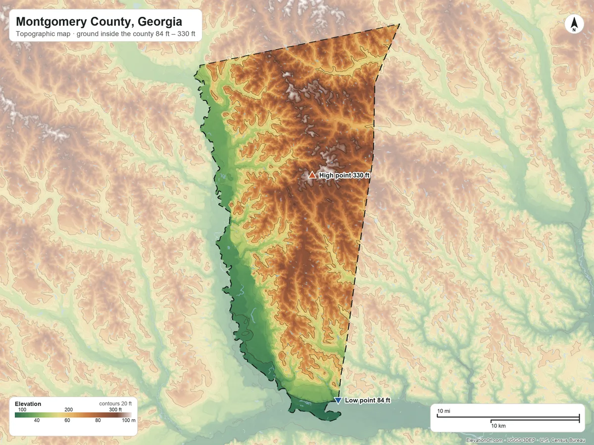 Topographic elevation map of Montgomery County, Georgia, shaded from 84 ft on the south side to 330 ft on the north side