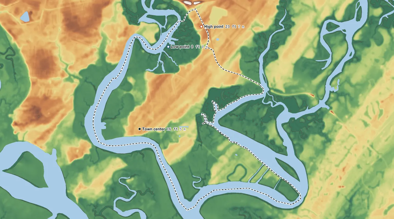 Topographic elevation map of Montgomery, Georgia, shaded from 0 ft on the north side to 23 ft on the northeast side