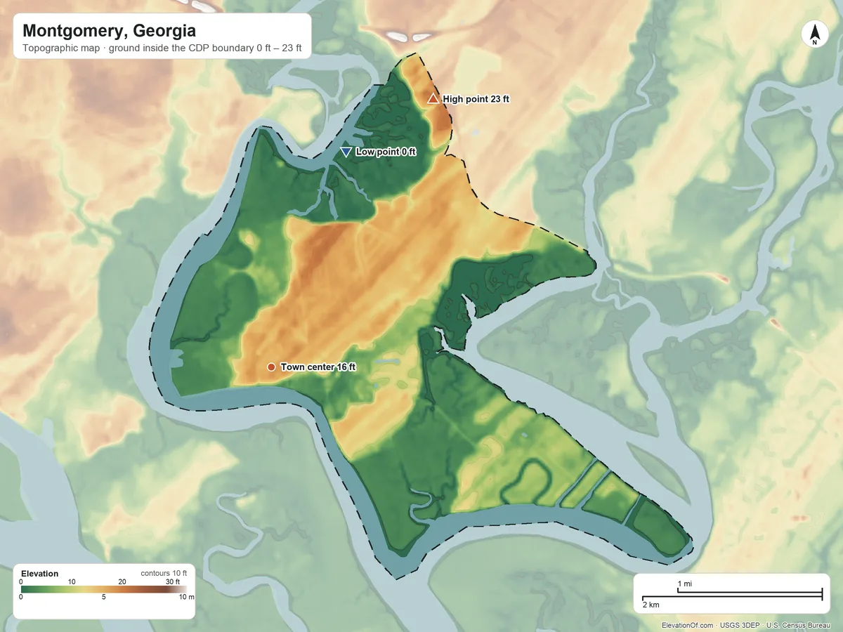 Topographic elevation map of Montgomery, Georgia, shaded from 0 ft on the north side to 23 ft on the northeast side