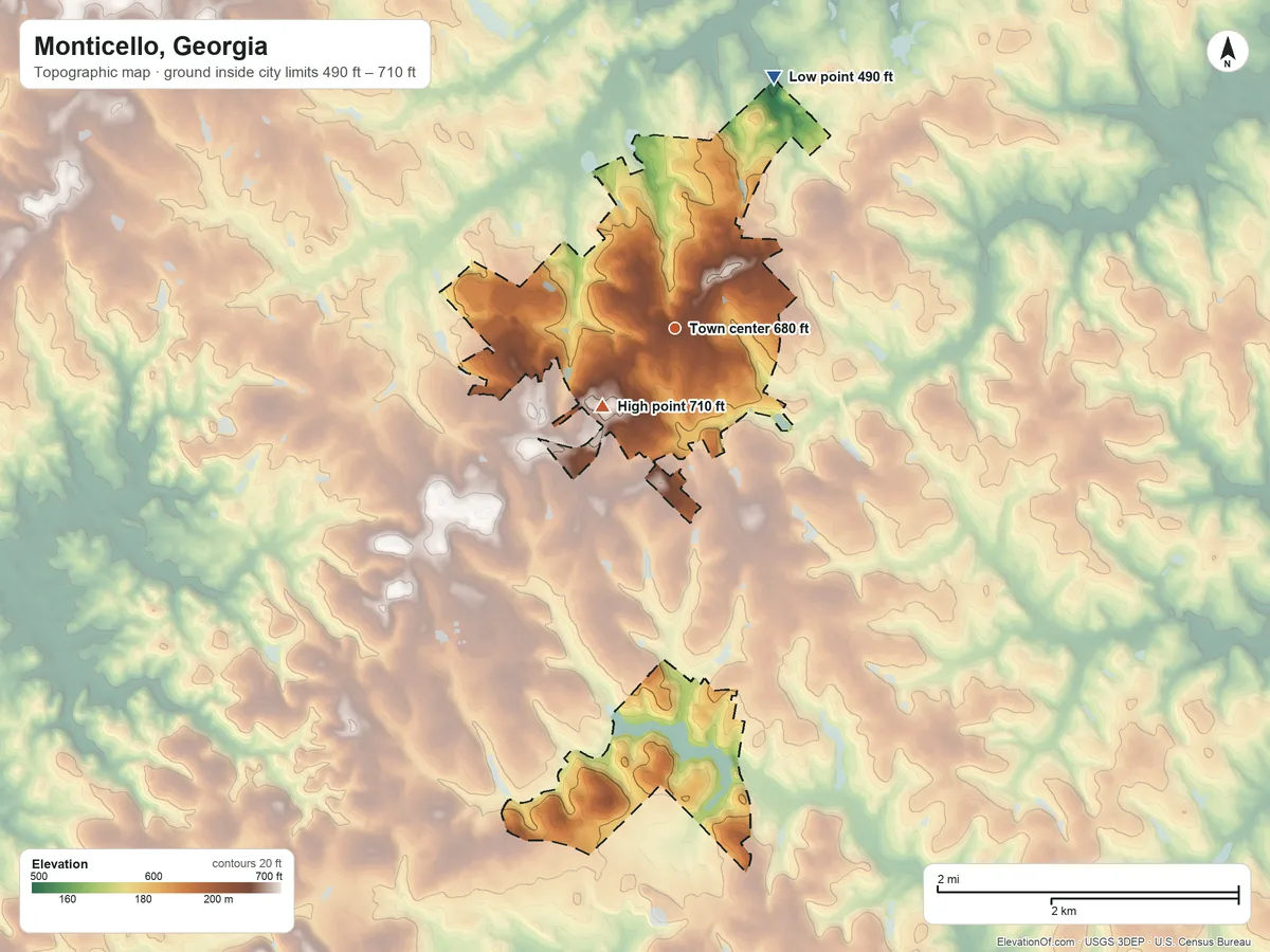 Topographic elevation map of Monticello, Georgia, shaded from 490 ft on the north side to 710 ft on the southwest side