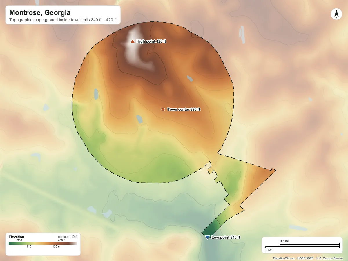 Topographic elevation map of Montrose, Georgia, shaded from 340 ft on the south side to 420 ft on the northwest side