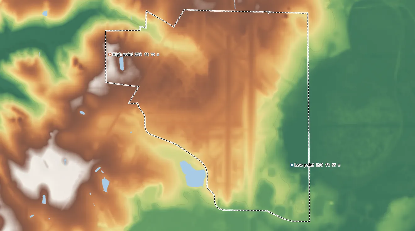 Topographic elevation map of Moody AFB, Georgia, shaded from 190 ft on the southeast side to 250 ft on the northwest side