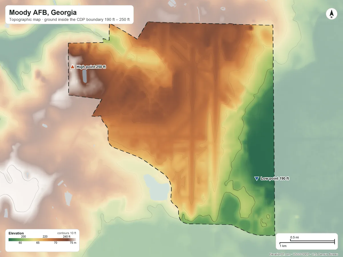 Topographic elevation map of Moody AFB, Georgia, shaded from 190 ft on the southeast side to 250 ft on the northwest side