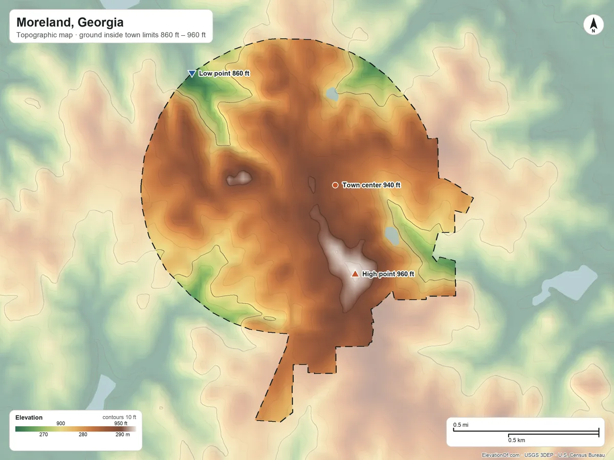 Topographic elevation map of Moreland, Georgia, shaded from 860 ft on the northwest side to 960 ft on the south side
