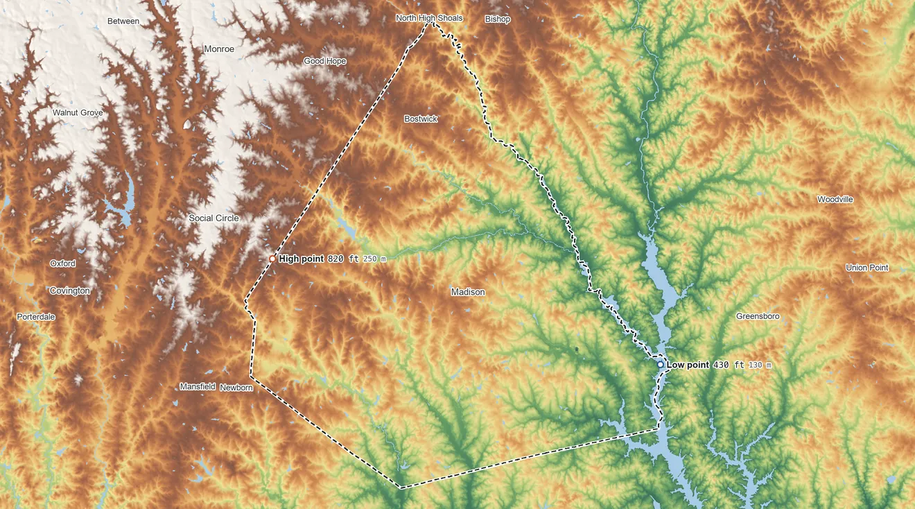 Topographic elevation map of Morgan County, Georgia, shaded from 430 ft on the southeast side to 820 ft on the west side