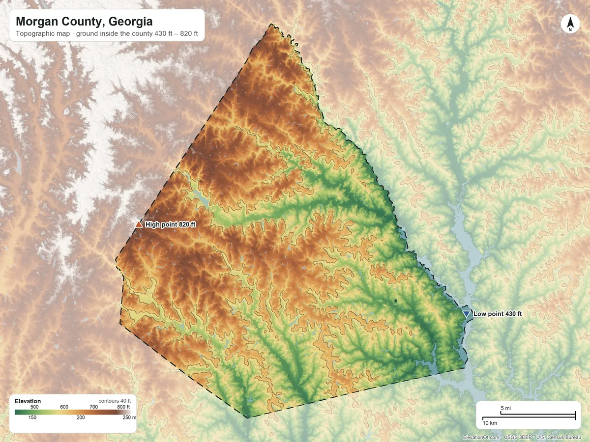 Topographic elevation map of Morgan County, Georgia, shaded from 430 ft on the southeast side to 820 ft on the west side