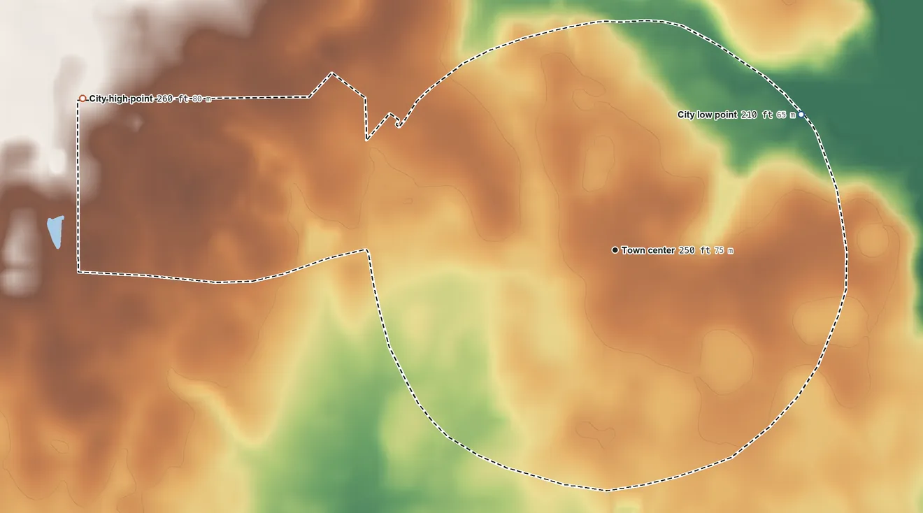 Topographic elevation map of Morgan, Georgia, shaded from 210 ft on the northeast side to 260 ft on the west side