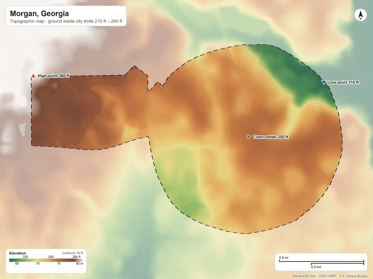 Topographic elevation map of Morgan, Georgia, shaded from 210 ft on the northeast side to 260 ft on the west side