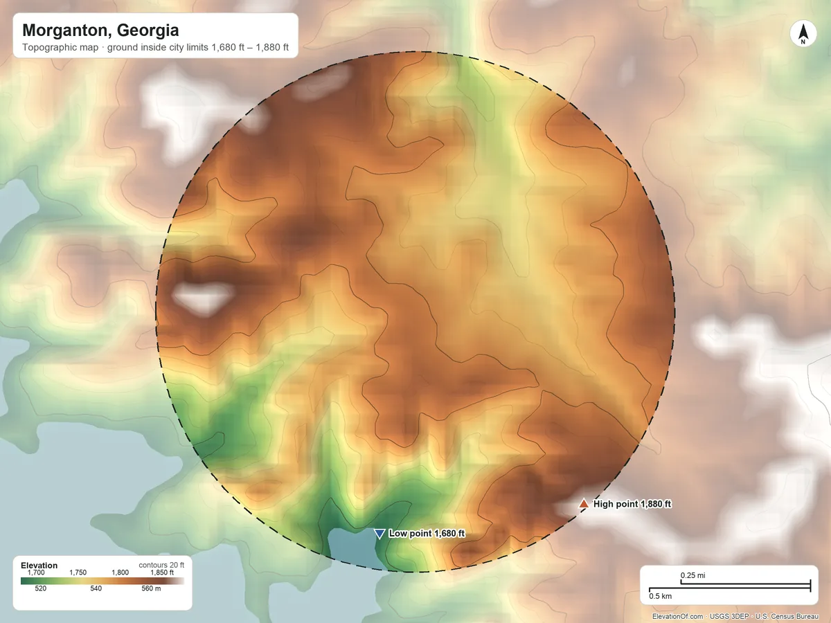Topographic elevation map of Morganton, Georgia, shaded from 1,680 ft on the south side to 1,880 ft on the southeast side