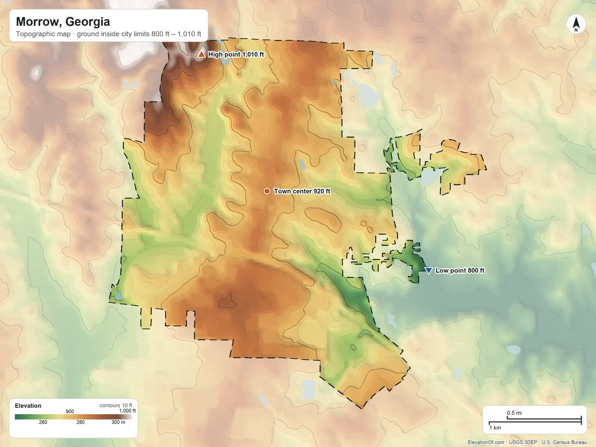 Topographic elevation map of Morrow, Georgia, shaded from 800 ft on the southeast side to 1,010 ft on the northwest side