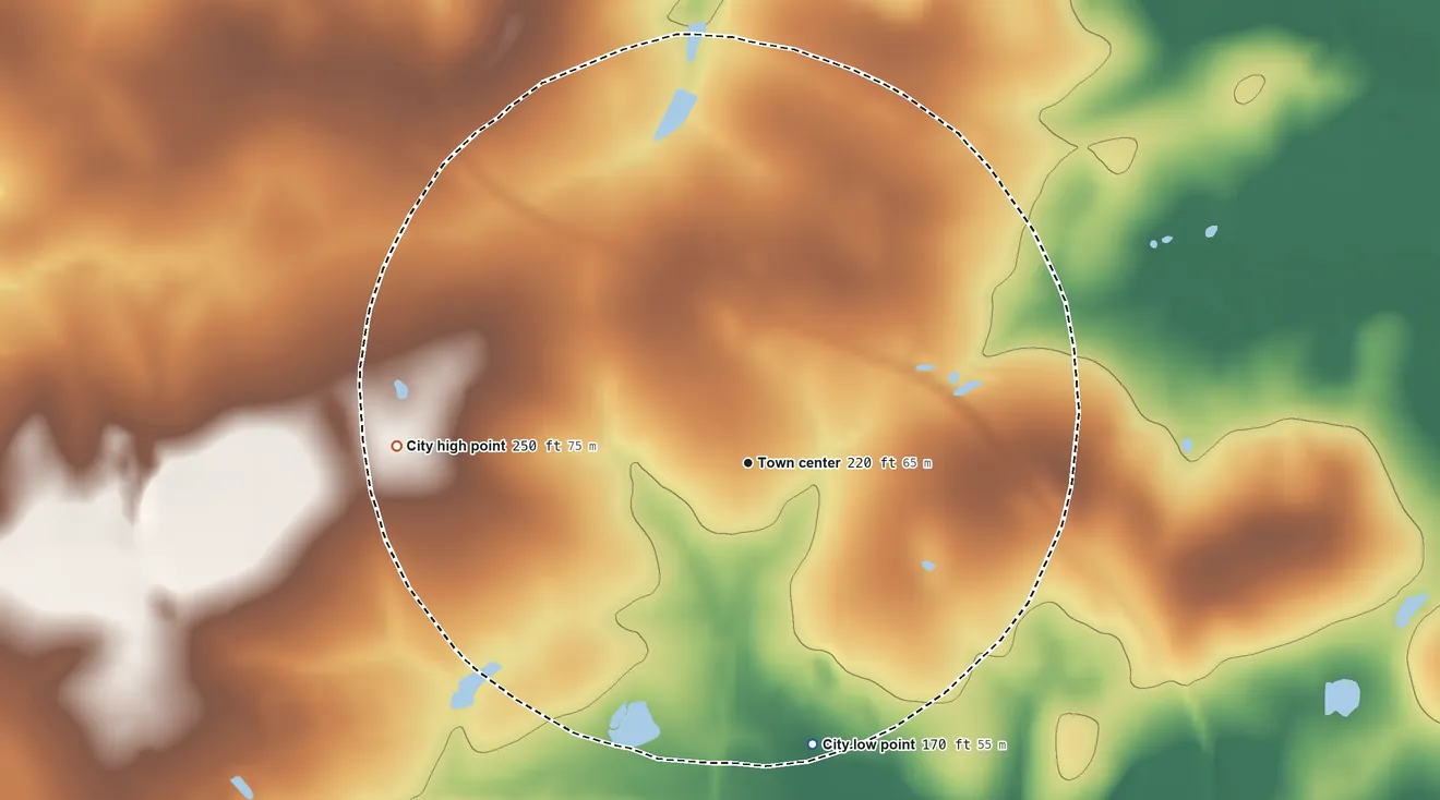Topographic elevation map of Morven, Georgia, shaded from 170 ft on the south side to 250 ft on the west side