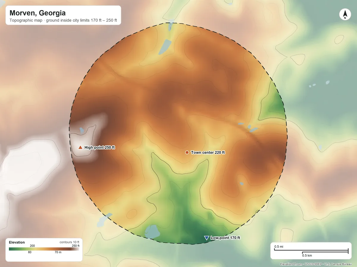 Topographic elevation map of Morven, Georgia, shaded from 170 ft on the south side to 250 ft on the west side