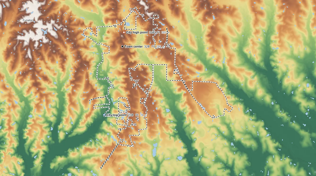 Topographic elevation map of Moultrie, Georgia, shaded from 230 ft on the south side to 340 ft near the middle