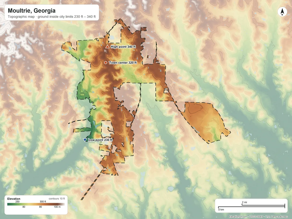 Topographic elevation map of Moultrie, Georgia, shaded from 230 ft on the south side to 340 ft near the middle