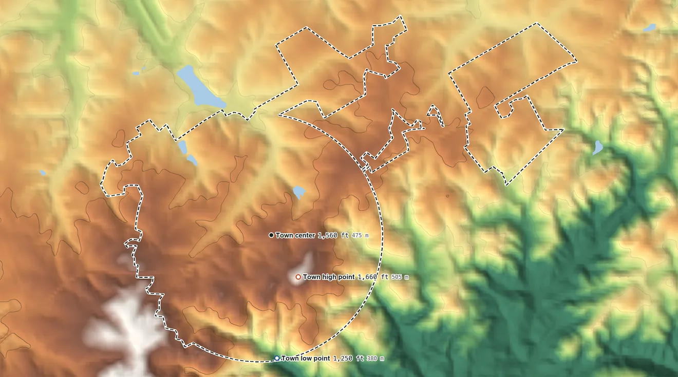 Topographic elevation map of Mount Airy, Georgia, shaded from 1,250 ft on the south side to 1,660 ft near the middle